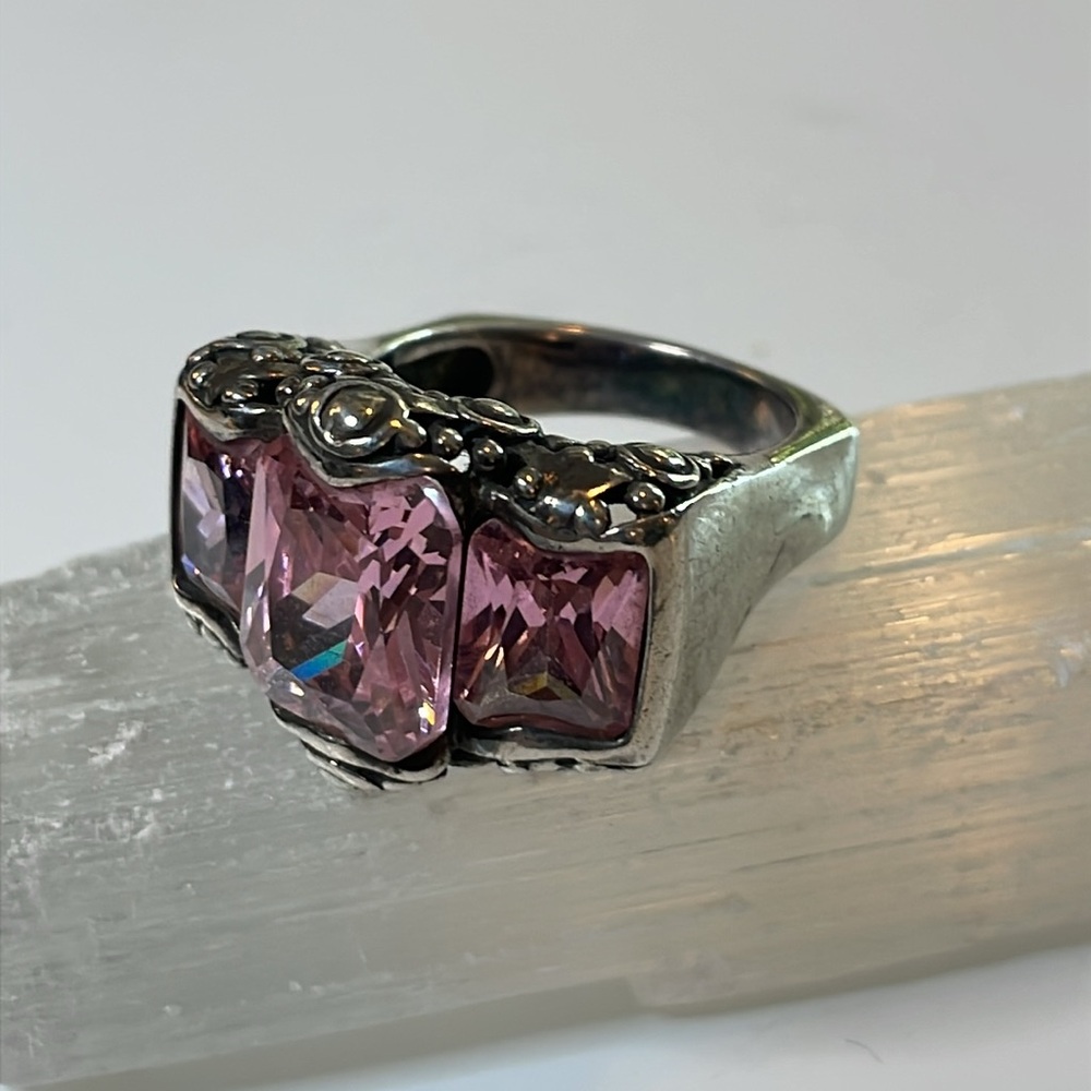 Large Sterling Silver Filigree Design Ring with Three Pink Stones Size 8
